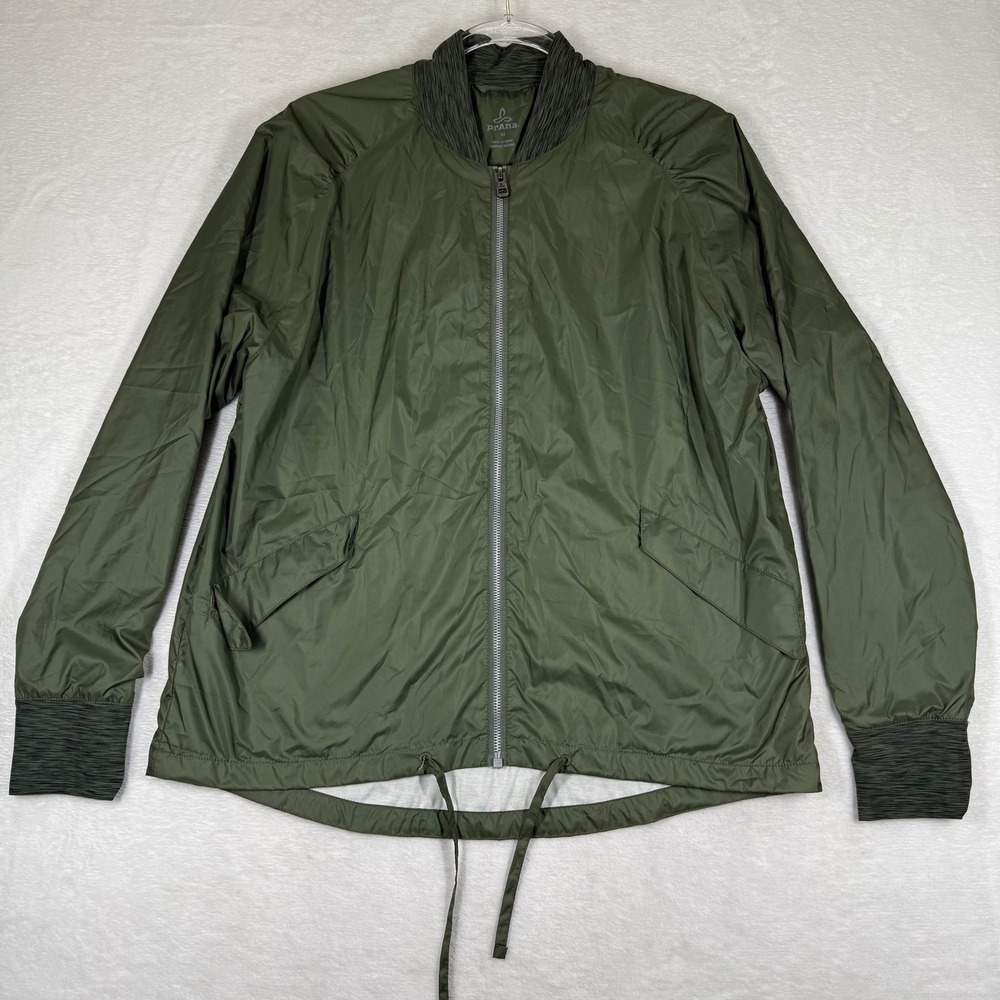prAna Womens Olive Green Recycled Polyester Full Zip Bomber Windbreaker Jacket M